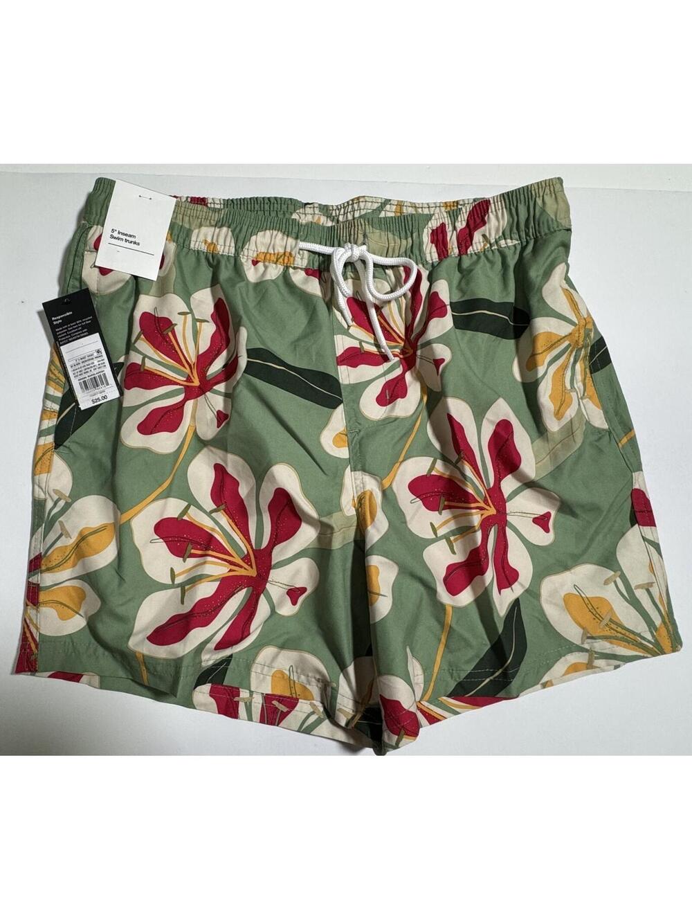 Original Use Green Floral Print 5" Swim Trunks Shorts Mens L NWT NEW